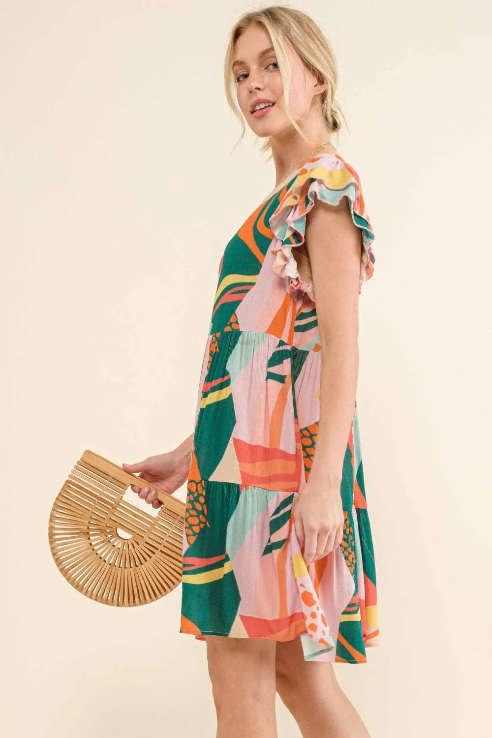 And The Why Printed Double Ruffle Sleeve Dress Casual Dresses - Tophatter Daily Deals